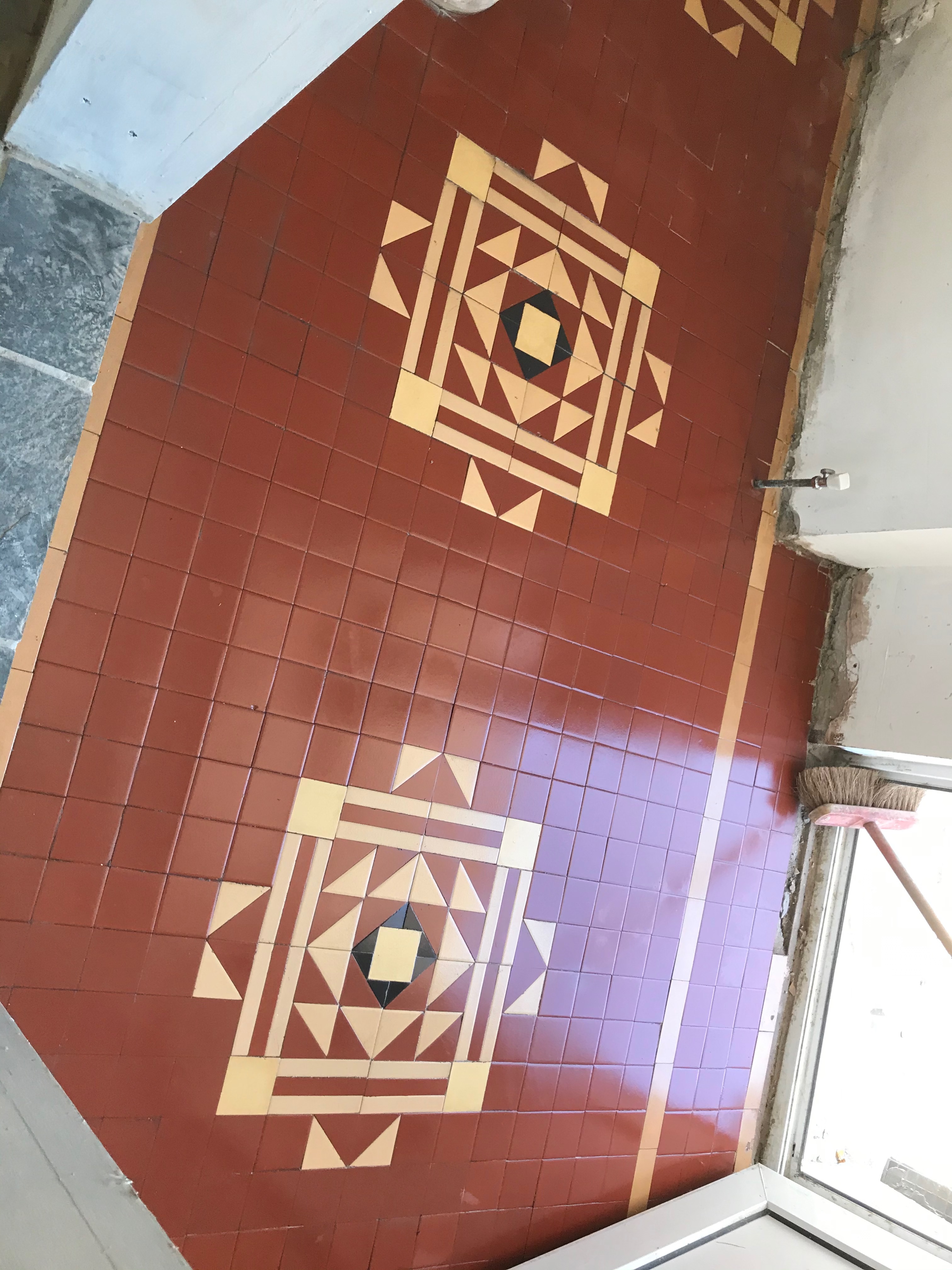 Geometric tile floor after restoration in Clogher, Tyrone